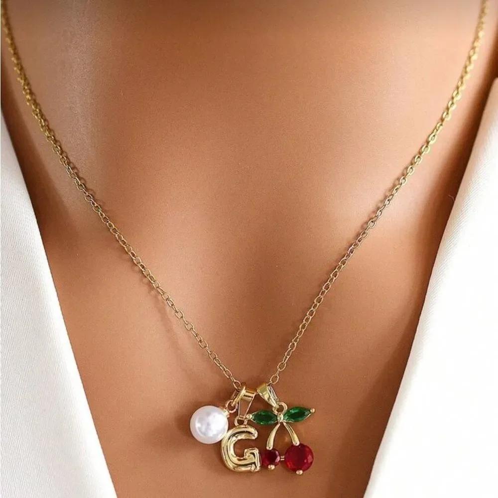 Gold Cherry Initial K Pendant Necklace N1298